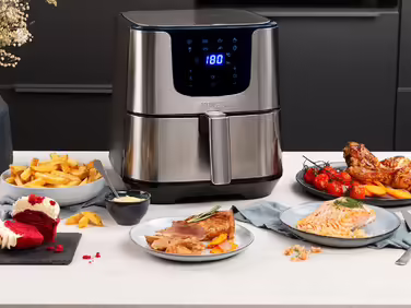 Princess Hot Air Fryer XXL with 5.5 Liter – 62.2% less energy consumption – Digital Airfryer Deluxe – 8 programs – Stainless steel – Oil-free – Aerofryer 182060, Silver STANDARD DESIGN 5.5L