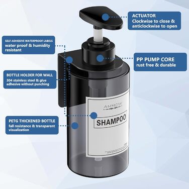 Набір дозатора мила для стін 4er, 300 мл, сірий. Дозатор мила без свердління, набір з 12 етикеток для душу/кухні/ванної кімнати