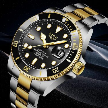 Годинник чоловічий LIGE, аналоговий кварцовий годинник з нержавіючої сталі, 3ATM водостійкий (30м), з календарем та світловиділяючими стрілками, для бізнесу та відпочинку (чорний/золотий)