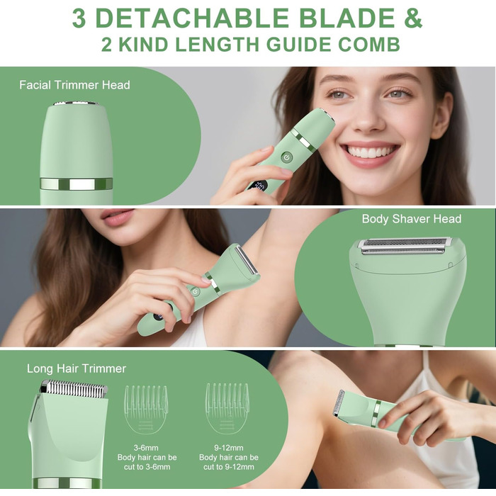 Електричний жіночий триммер для тіла 3-в-1: обличчя, ноги, зона бікіні. Вологостійкий, з LCD-дисплеєм (зелений)