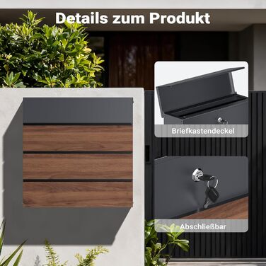 Поштова скринька настінна V63 Anthrazit з дерев'яним декором, сталь, з замком та м'якою кришкою, 410x130x370 мм