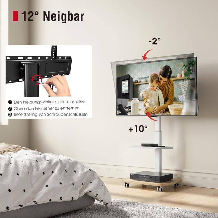 AOKCOS Rolling TV Stand with Wood Shelf - Adjustable Height & Swivel - Fits 32-65 Inch TVs - Up to 40kg, VESA 400x400mm