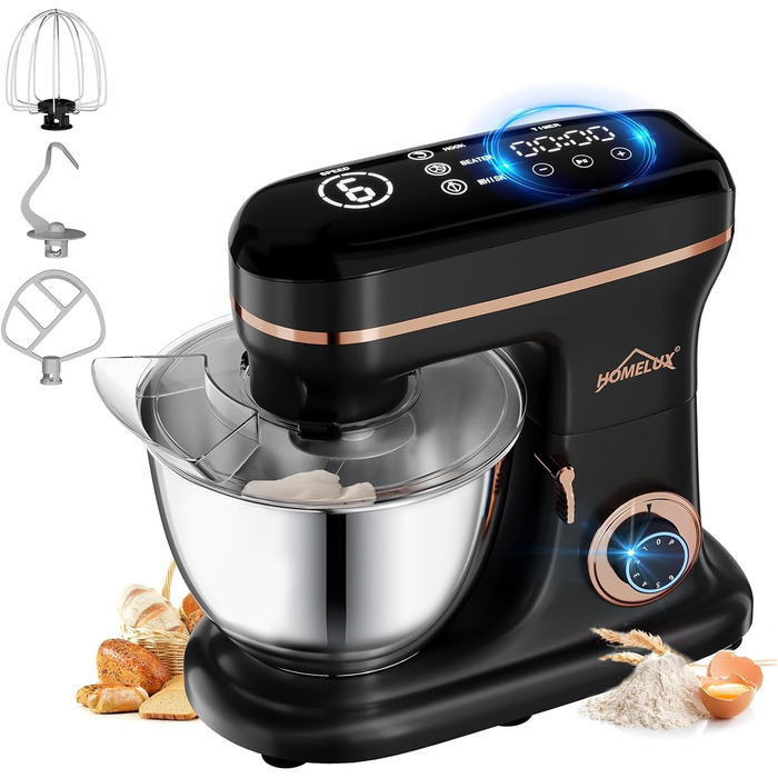 Кухонна машина HOMELUX 1800W з чашею 8 л з нержавіючої сталі, 6 швидкостей, LED-дисплей, насадки для замішування, збивання та взбивання, захист від бризок (чорний)