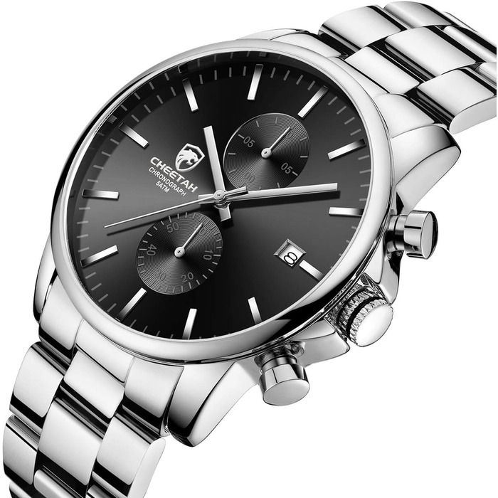 Чоловічий хронограф: водостійкий годинник з нержавіючої сталі та металу з авто-датою, кварцовий механізм, кольорові стрілки (срібло та чорний)
