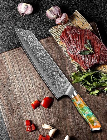 Ніж Kiritsuke Damast Xuan 22 см, сталь VG10, ручка з сапфірово-блакитної смоли (Фантастичний помаранч)