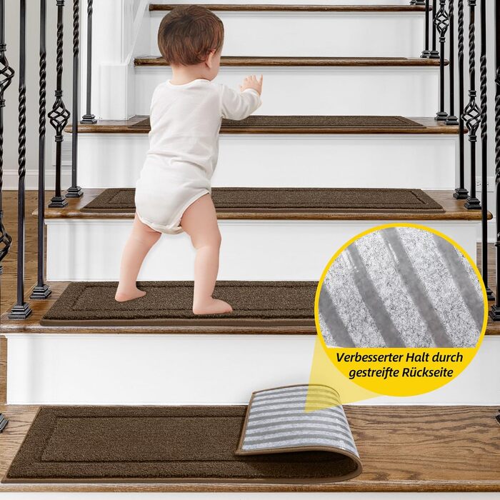 Килимок на сходи JSEI, антиковзаючий, набір з 15 шт., 20.3 x 76.2 см, машинного прання, самоклеючий, для дітей, літніх людей та домашніх тварин, 100% поліестер, TPE-підкладка, темно-сірий