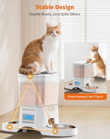 Автоматичний годівниця для котів та собак HoneyGuardian з таймером, 2 миски, 3.5L, стабільна, з антиковзкими ніжками
