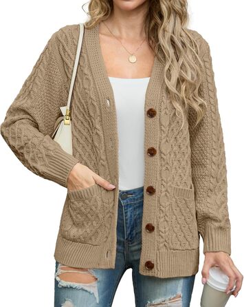 Жіночий в'язаний кардиган GRECERELLE з V-подібним вирізом та ґудзиками, класичний стиль, осінь-зима, бежевий колір