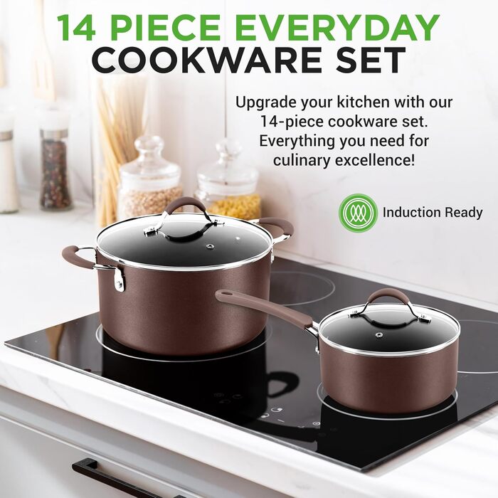 Nutrichef Frying Pans & Induction Cookware Set, 14-Piece Frying Pan Set & Pot Set Induction, Pots & Pans with Cool-Touch Handles PFOA/PFOS-free – Non-Stick – Aluminum with Stainless Steel Edges – Oven-Safe Brown