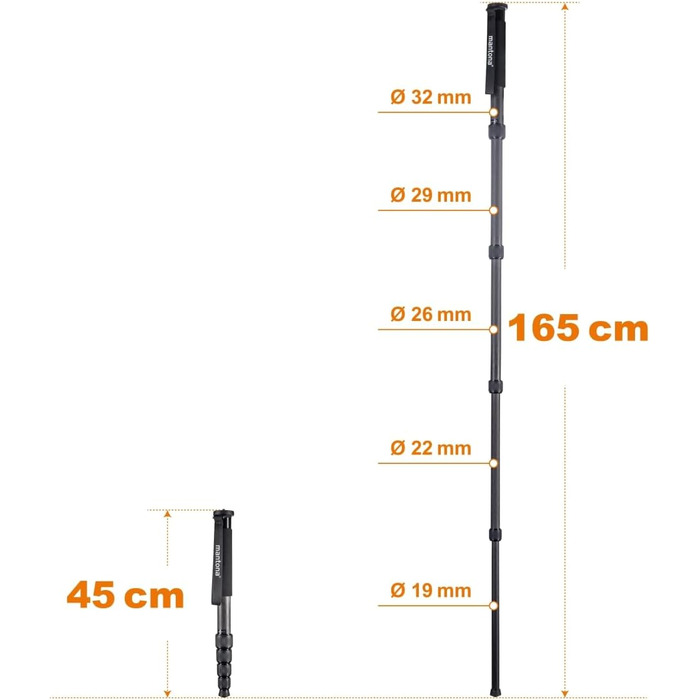 Штатив Mantona Pro One одноногий, карбоновий, чорний - регулювання висоти 39-144 см, з аксесуарами