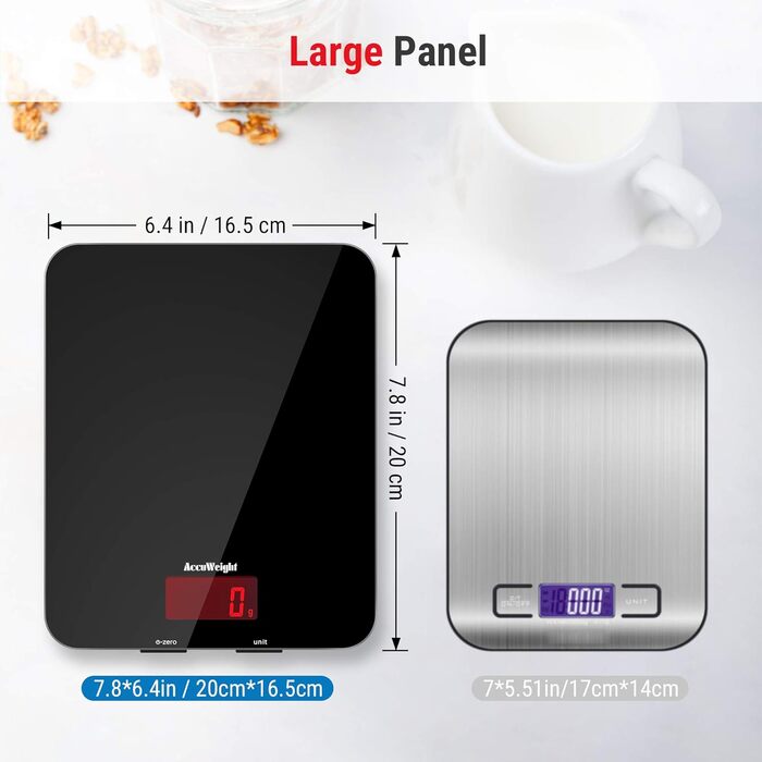 Кухонні ваги ACCUWEIGHT 5 кг з LCD-дисплеєм з міцного скла, функція тарування, ваги для листів, висока точність до 1 г, для випічки, приготування їжі, ювелірних виробів, батарейки в комплекті, автоматичне вимкнення, чорний