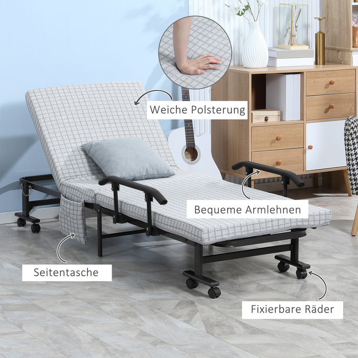 HOMCOM Folding Bed Guest Bed with Wheels and 5-Position Adjustable Backrest, Travel Bed with Steel Frame in Light Grey and Black, 190x76x33cm