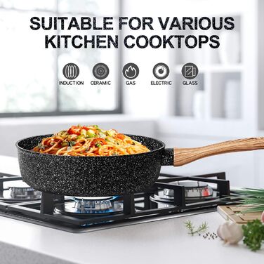 Сковорода з антипригарним покриттям Michelangelo з кришкою 28 см, глибока сковорода з кришкою, каструля 28 см, сковорода з антипригарним покриттям з м'якою бакелітовою ручкою, для індукційних плит, чорна