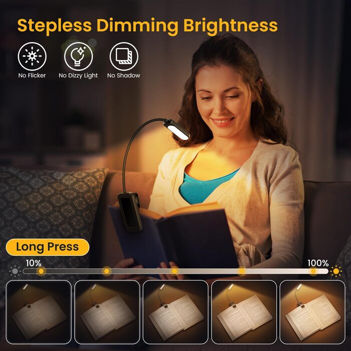 LED лампа для читання з кліпсою, захист очей, 6 LED, 3 режими яскравості (теплий/холодний/білий), USB перезарядна, 360° регульована, для читання, ліжка, офісу, подорожей, чорна
