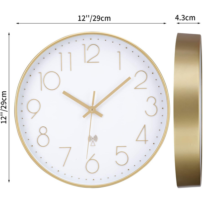 VIVILINEN Radio-Controlled Wall Clock Silent Wall Clock No Ticking Sound Modern Radio-Controlled Wall Clock Silent Wall Clock Non-Ticking Hanging Clock for Living Room Bedroom Office Kitchen 30x30cm / 12 inches
