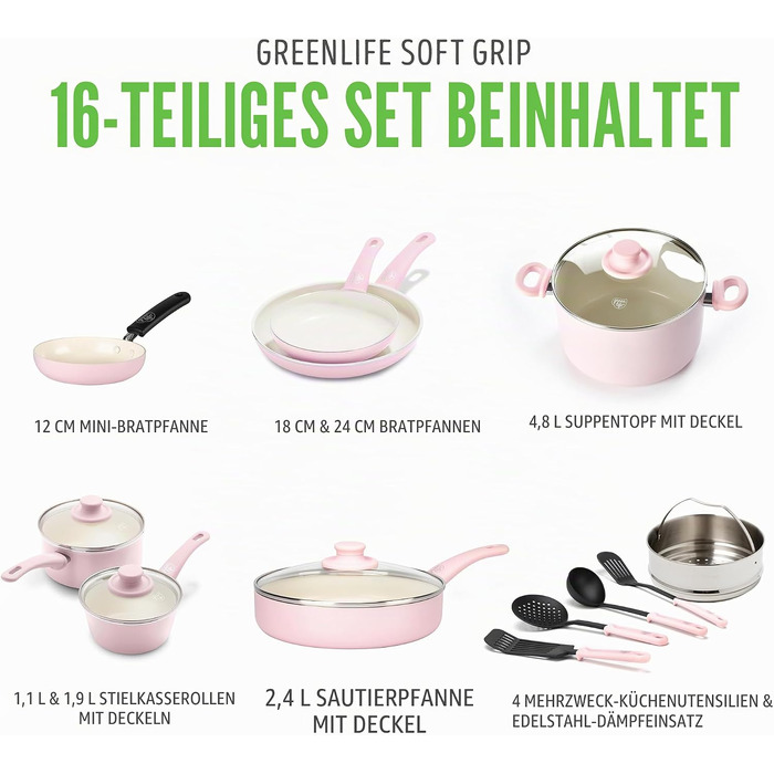 Набір кухонного посуду GreenLife Soft Grip з керамічним антипригарним покриттям, 16 предметів (сковорода, сотейник, каструлі), без PFAS, підходить для посудомийки та духовки, Рожевий