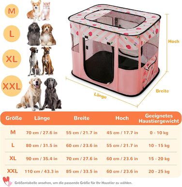 Портативний вольєр для цуценят та котів ALLSOPETS - складаний, для дому, вулиці, подорожей (Рожевий з полуничками, M)