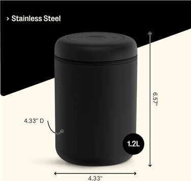 Fellow Vacuum Storage Canisters for Coffee and Food, Integrated Vacuum Pump, Airtight Seal, 1.2 Liter, Matte Black