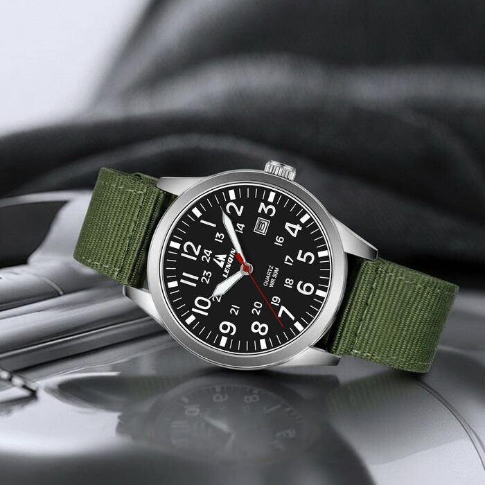 Годинники чоловічі LN LENQIN аналогові кварцові на нейлоновому ремінці, водостійкі 30M, з датою (зелені, срібні, чорні)