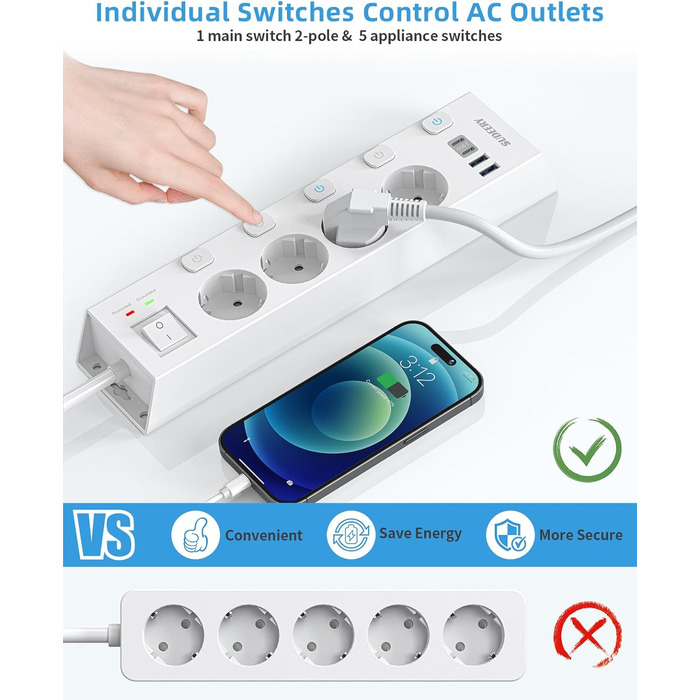 Мережевий фільтр Steckdoseleiste 5-фазний з індивідуальним вимикачем, захистом від перенапруги 1050J, для дому та офісу, кабель 2м (4 фази з USB, білий)