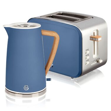 Набір для сніданку Swan Nordic: чайник 1,7 л, тостер на 2 тости, 2200 Вт, блакитний, з дизайном під дерево