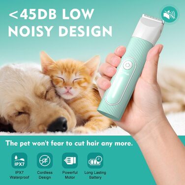 Професійна машинка для стрижки собак та котів Hoofun 4-в-1, IPX7, бездротова, з 4 насадками, для собак, котів, кроликів (біла/блакитна)