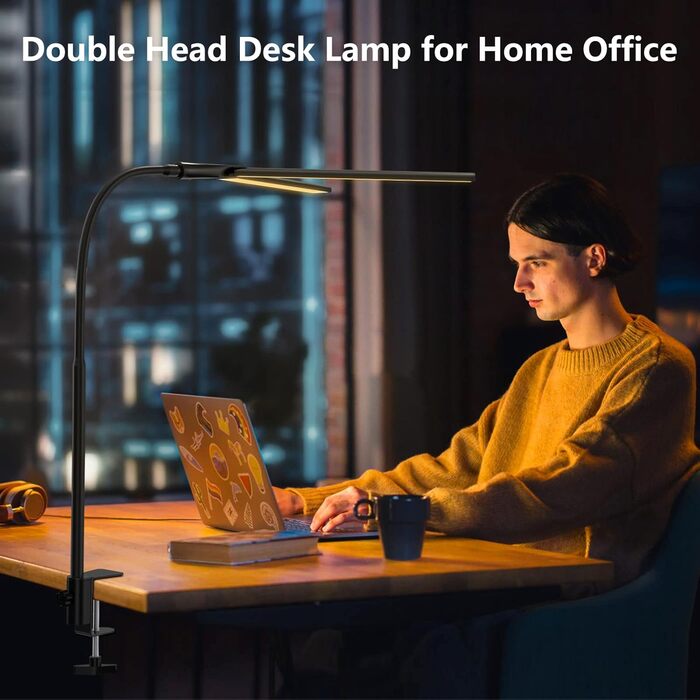 LED Desk Lamp with Adjustable Gooseneck - Dual Head, 1200 Lumens, Eye Protection for Home Office & Study - Black with 5 Color Temperature/Brightness Levels