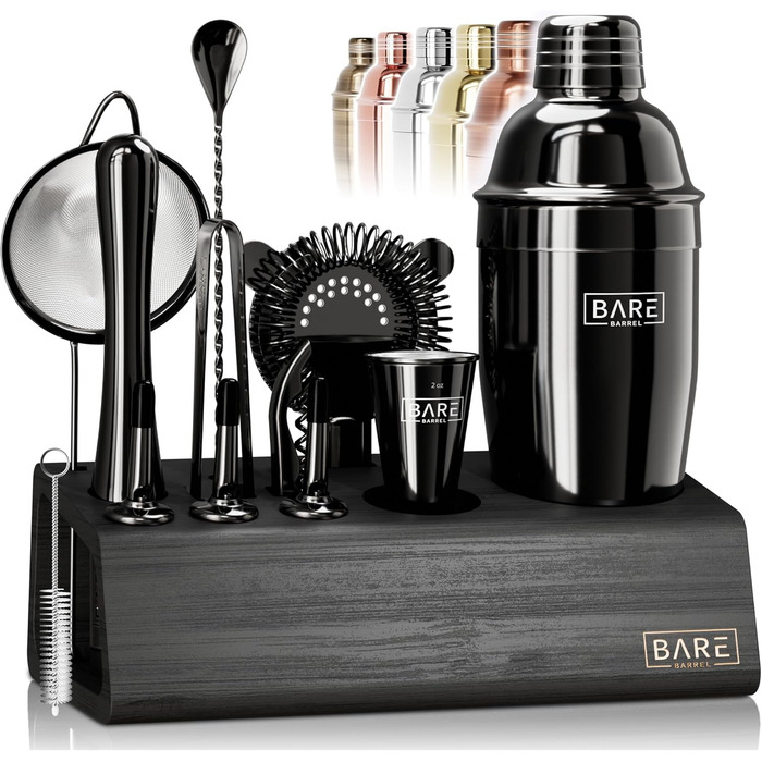 Bare Barrel Pro Cocktail Set - 14-Piece Boston Shaker Set with Stand & Recipe Cards - 24oz Cobbler Shaker