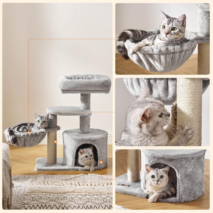 Feandrea Cat Tree, Small Cat Tree, Multi-Tiered, 68 cm, PCT59G (Light Grey)