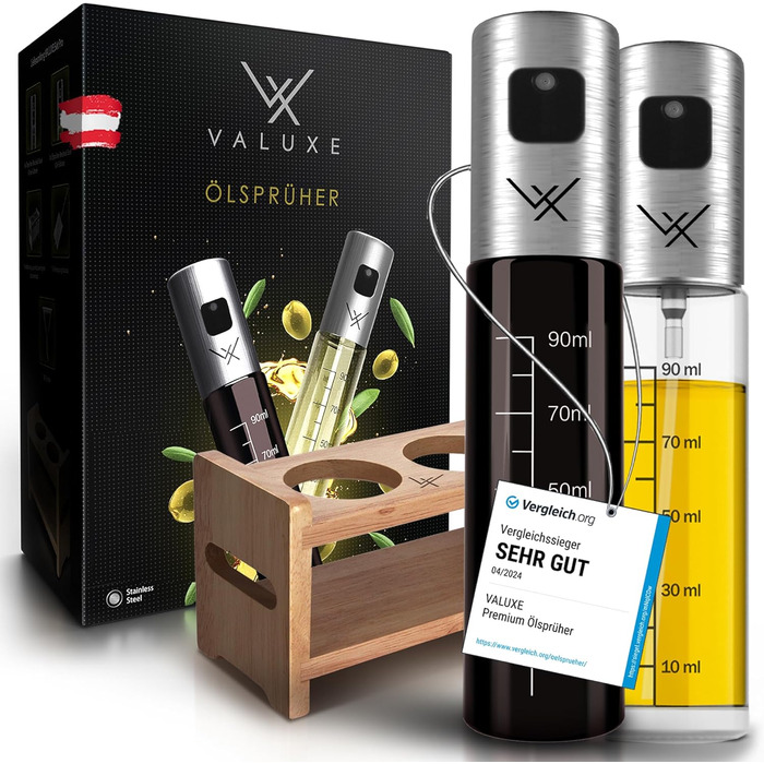 Розпилювач для олії та оцту VALUXE® з УФ-захистом, скляна пляшка з розпилювачем, нержавіюча сталь, чорний колір, 100 мл (набір 2 шт.)
