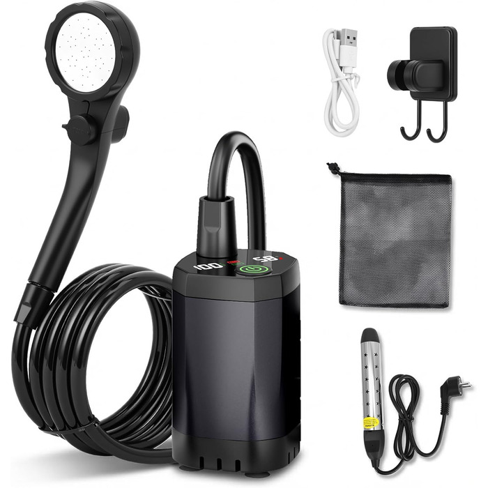 Портативний душ Campingdusche 6000 mAh з насосом, шланг 200 см, для кемпінгу, саду, авто, тварин, пляжу, подорожей (Чорний)