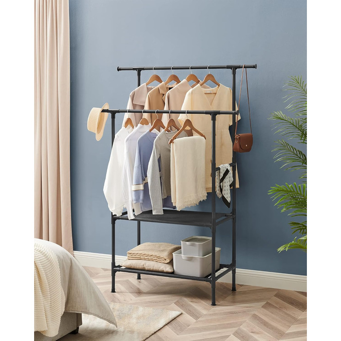 SONGMICS Стійка для одягу металева, з 2 перекладинами та 2 полицями, біла, до 70 кг, RDR02WT (Чорний)