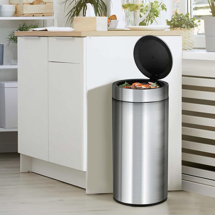 Відро для сміття Ribelli 30L з нержавіючої сталі, з педальним механізмом, м'яким закриттям, для сортування сміття, кругле (матова сіра сталь з датчиком)