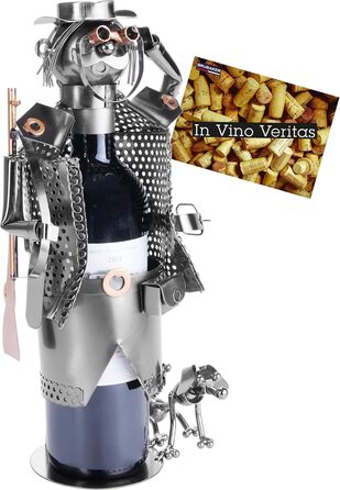 BRUBAKER Wine Bottle Holder Hunter - Bottle Rack Sculpture made of Metal with Gift Card - Silver Wine Gift Height 33 cm