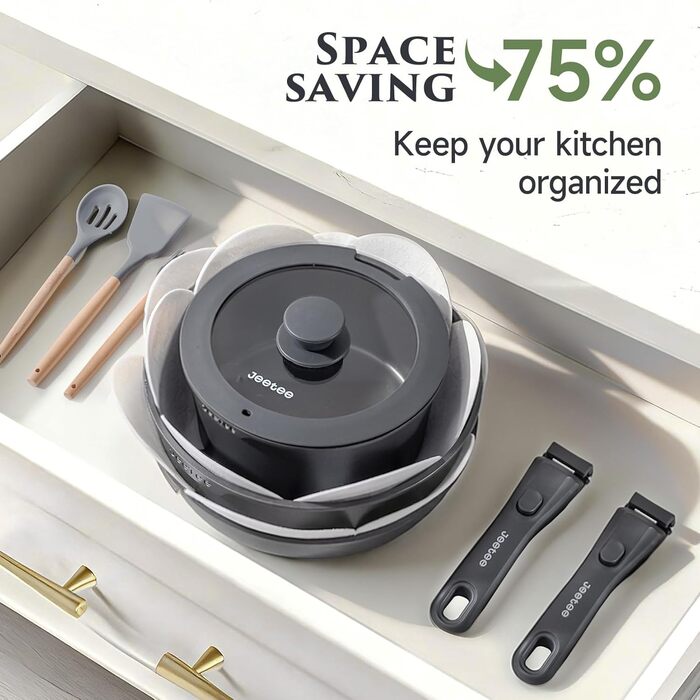 Набір посуду JEETEE 20 предметів з антипригарним титановим покриттям та знімною ручкою, для індукційних плит, з кришками, сірий