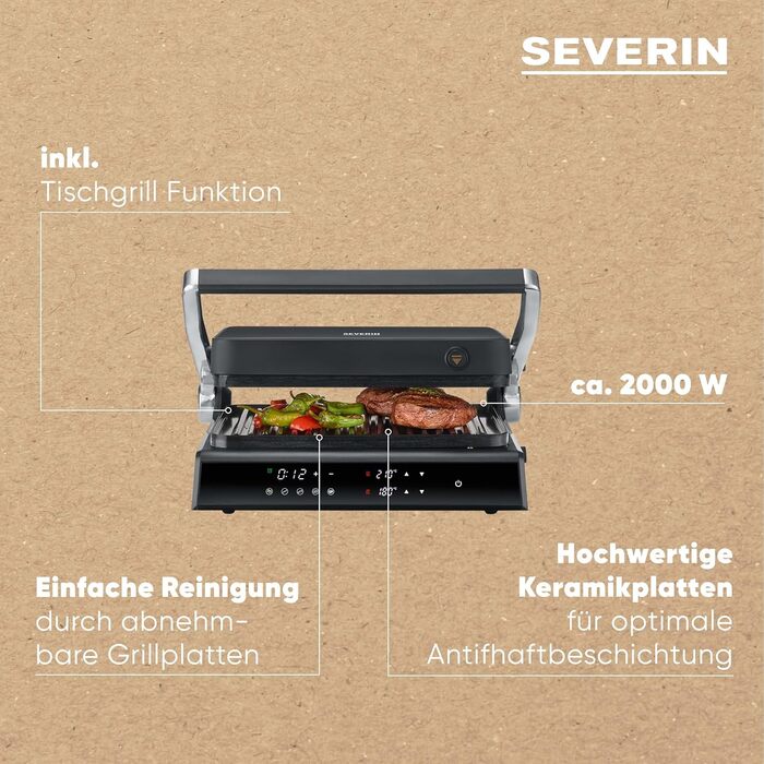 Електрогриль SEVERIN Comfort KG 2399 для м'яса, риби та овочів, цифровий сендвіч-мейкер з керамічним покриттям, 5 авто програм, до 230°C, 1800 Вт, чорний, для здорового грилю без жиру