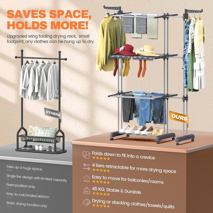 Сушарка для білизни Huracan 2в1: тур, розкладна, висувна, сіра. 3 яруси, 2 тримачі для шкарпеток та білизни.