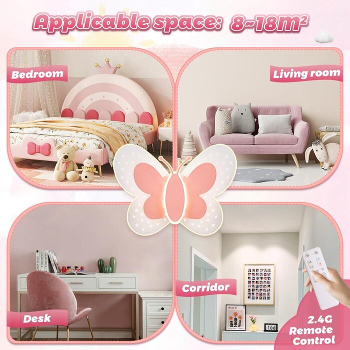 LED Ceiling Light Pink Butterfly Ceiling Lamp Dimmable with Remote Control, Night Light Function, Children's Room Bedroom Living Room Hallway Boys and Girls Bedroom Ceiling Lights 45cm