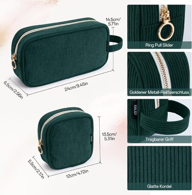 Косметичка жіноча KALIDI з корду, з відділеннями, металева блискавка, для подорожей, зелена