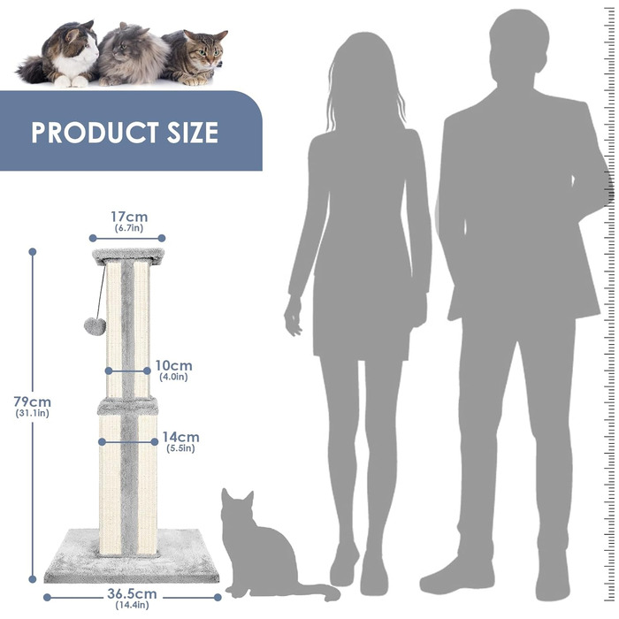 Zonema Kratzbaum-Kratzstamm Scratching Post with 80 cm Scratching Column for Small and Large Cats, Sisal Rope Cat Scratching Post with 1 Interactive Ball, Scratching Post Cat Furniture, for Indoor Activity, Play (79cm Scratching Post, Grey)