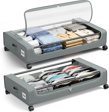 Коробки для зберігання під ліжко PHINOX з роликами, сірі, 2 шт (74x42x16 см) - коробки-органайзери для одягу, взуття, іграшок з прозорою кришкою