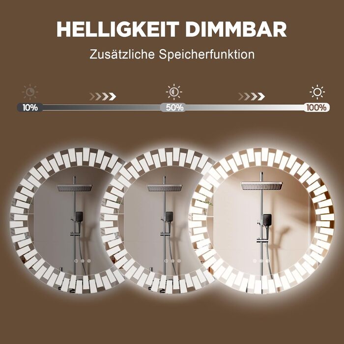 Круглий дзеркало для ванної кімнати YOLEO з підсвічуванням, 60 см, сенсорне керування, захисне скло, 3 кольори світла, регулювання яскравості, 80x80 см