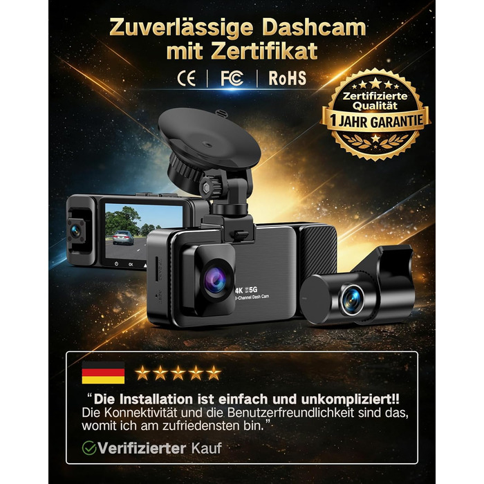 3-канальний автомобільний відеореєстратор 4K (передній, задній, салонний), 170° широкий кут, нічна зйомка, паркування 24/7, G-сенсор, WiFi 5.8 ГГц, SD-карта 64ГБ, чорний