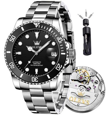 Чоловічий механічний годинник OLEVS зі скелетоном, автоматичний водонепроникний наручний годинник, сріблясто-чорний
