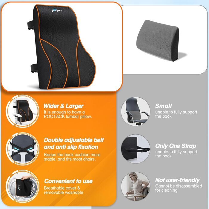 Подушка для попереку POOTACK з піни Memory Foam - ортопедична підтримка спини для авто, офісу та геймінгу, чорна