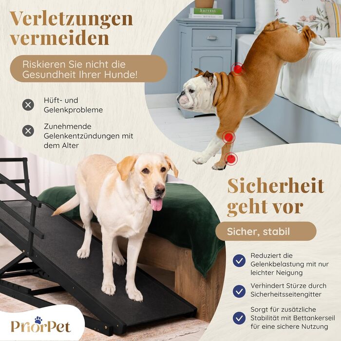 Сходинки для собак до ліжка з поручнями - для великих собак до 90 кг - регульована висота до 94.5 см - ширина 49.5 см - складані - з антиковзним покриттям - з берези - натуральний колір (чорний)