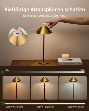 BOJIM 2 шт. LED настільна лампа на акумуляторі, золота, USB, сенсорне регулювання, IP54, водонепроникна, для балкона, поворотний наголовник