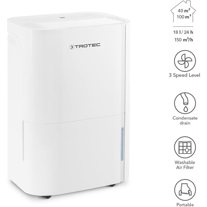 Електричний осушувач повітря Trotec TTK 54 E – продуктивність 18 л/день – для площі 40 м² / 100 м³ – з автовимкненням – для квартири та спальні