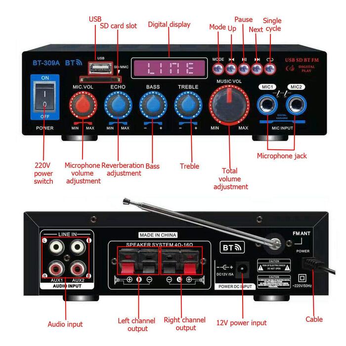 Bluetooth підсилювач 800W для авто і дому HiFi стерео аудіо з MP3/SD/AUX, пульт