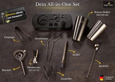 Набір для коктейлів BARMINGO з нержавіючої сталі 11 предметів – Набір Boston Cocktail Shaker 825 мл зі стійкою та аксесуарами для бару, Набір шейкерів для коктейлів | Набір бармена | Набір для змішування коктейлів | Набір для бару | Набір Boston Shaker | 